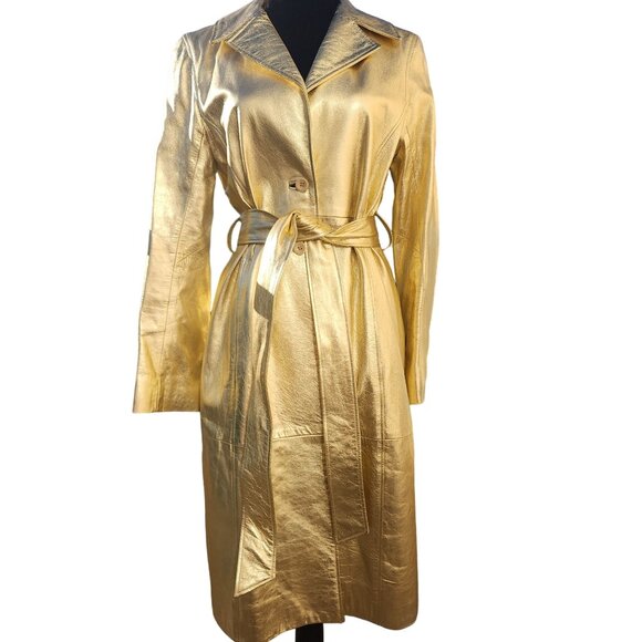 Glamorous Gold Metallic REAL Genuine Soft Leather Designer Jacket Coat Trench NW - Picture 2 of 16